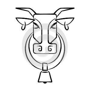 Vector image of the head of a cow with rings in the ears and a bell in the neck. Logo. Isolated cow head on a white background